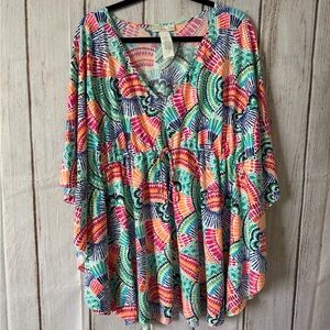 La Blanca Multicolor Fan-Print Swim Coverup Tunic with Drawstring